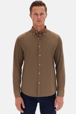 Ds Damat Slim Fit Haki Oxford Düğmeli Yaka Kolay Ütülenebilir Nakış Detaylı Pamuklu Gömlek 4HC02ORT03265 Haki