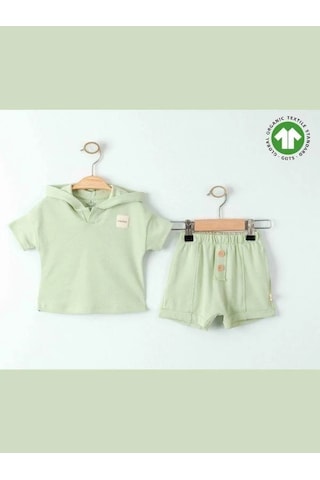 Zekids Bebek Organik Pamuklu Basic Kapüşonlu Tshirt Şortlu Takım-15908 Yesil