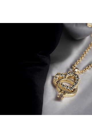 Altın Renk Kalp Ve Yüzük Motifli Taşlı Kolye Anlamlı Kadın Takı Gold