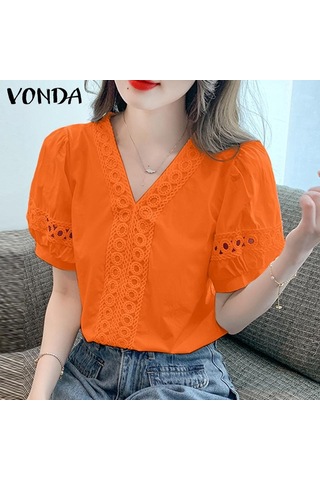 Vonda Kadın Yazlık Rahat V Yaka Puf Kısa Kollu Dantel Eklemeli Düz Renk Bol Bluz Gül
