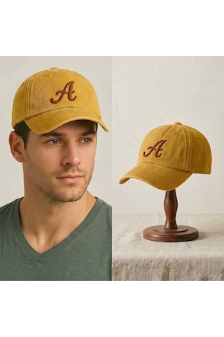Bk Gift Kişiye Özel Harf Nakışlı Vintage Sarı Beyzbol Şapkası Unisex Eskitme Kumaş Metal Tokalı