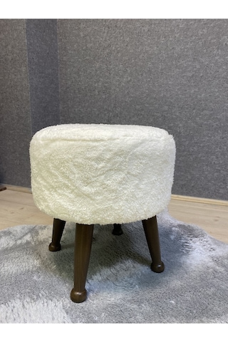 Asedia Miskin Ceviz Teddy Krem Ahşap Ayaklı Peluş Puf Makyaj Koltuğu Yuvarlak Tabure