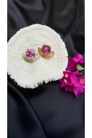 Pembe Mor Taş Detaylı Altın Renkli Modern Küpe Çok Renkli