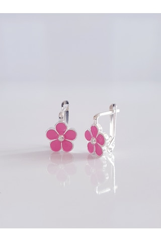 Magrib Pembe Çiçekli Gümüş Çocuk Küpesi