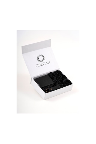 Premium Gift Rose Box - Frankfurt Siyah Hakiki Deri Cüzdan - Anahtarlık Ve Siyah Gül Kutusu Siyah