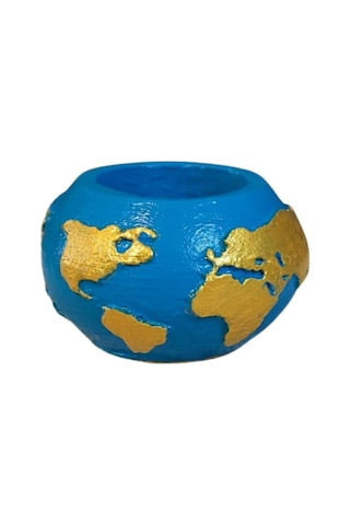 Uretti - Ayşe 7362 7938 El Yapımı Dünya Şeklinde Mavi - Gold Renk Saksı / Mumluk Dekoratif Obje - 6 X 9 Cm 1 Adet