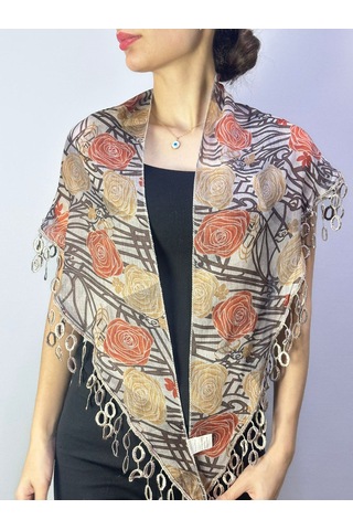 Gönülden Tasarım 160x45 Cm Çift Taraflı Çiçekli Ve Ekose Desenli Üçgen Kadın Fular Şal Renkli