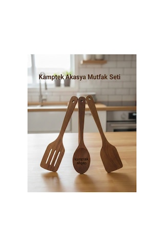 Kamptek Akasya Ahşap 3'lü Mutfak Seti Spatula Ve Kaşık Takımı