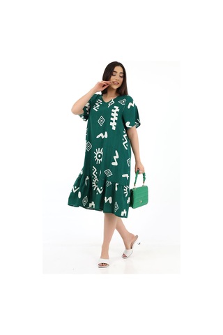 Schık Kadın Viskon Yarım Kol V Yaka Cepli Fırfırlı Elbise Koyu Yeşil Koyu Yeşil