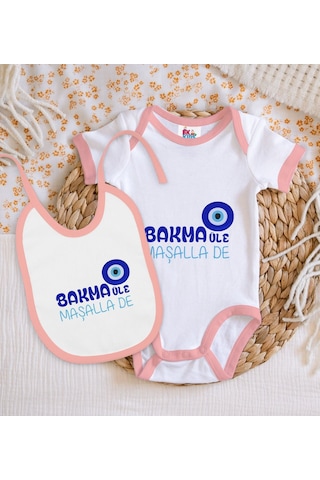 Bk Gift Bk Kids Maşalla De Tasarımlı Pembe Bebek Body Zıbın Ve Mama Önlüğü Hediye Seti-1 Çok Renkli