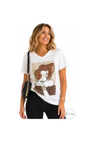 Cassime Kadın Beyaz Büyük Beden Şapkalı Kadın Pul Payet İşlemeli %100 Pamuk Tişört Xl-2xl-3xl