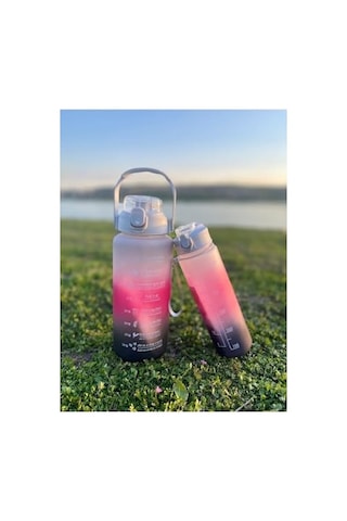 Motivasyonel Su Matarası, 2 Lt Ve 900 Ml, Siyah Pembe, Spor Salon Şişesi Çok Renkli