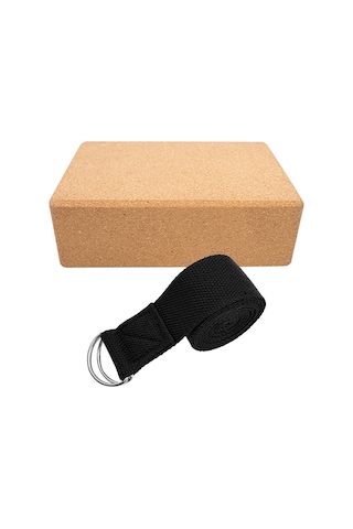 Ranyeek Yoga Seti: Yoğunluklu Mantar Yoga Bloku 24x16x8.8cm + Siyah Esneklik Kayışı 183x3.8cm - Denge Ve Esneklik İçin, Ev/ofis/uzaktan Kullanıma Uygun Çok Renkli