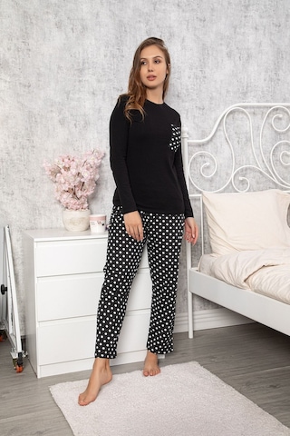 Pijama Takımı Bisiklet Yaka Siyah Renkli Puantiye Desen Uzun Kollu Taytlı Pijama Takımı 28391 Siyah