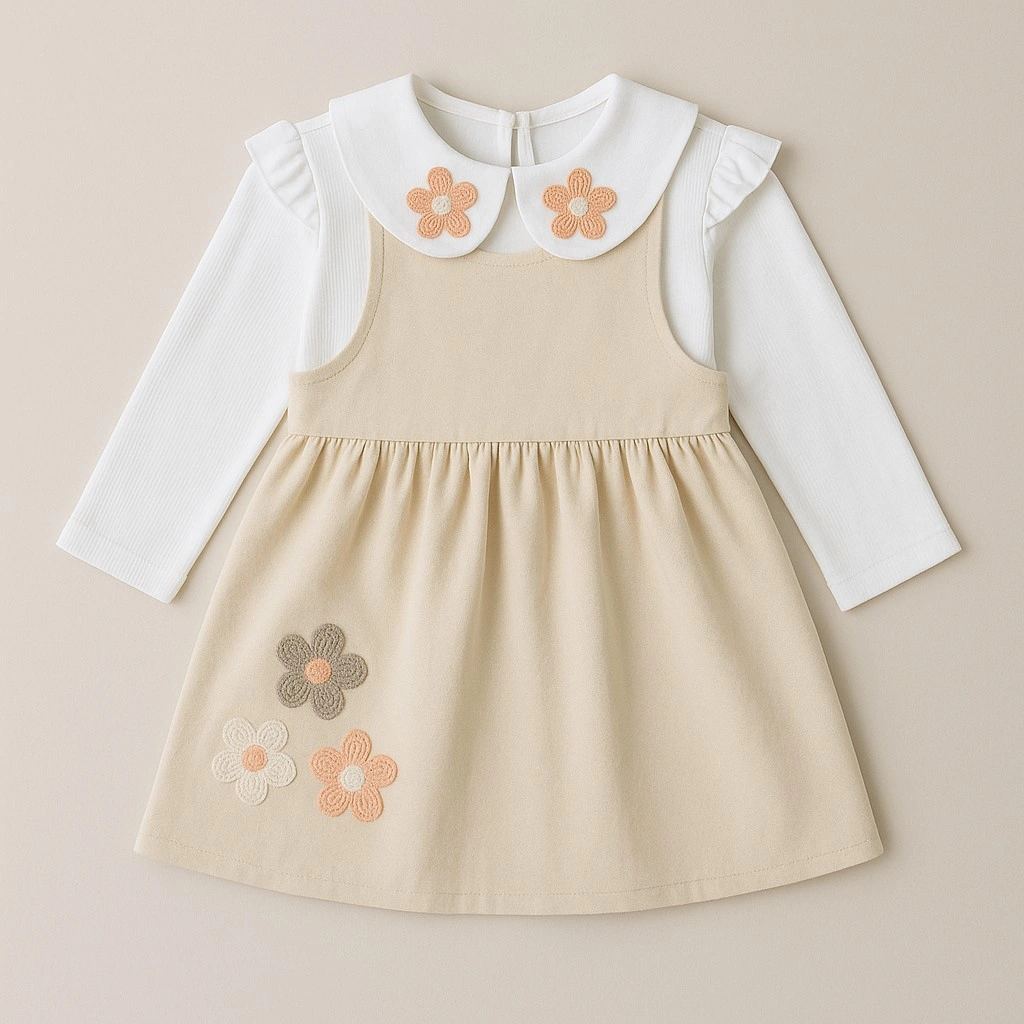 Çiçek Nakışlı Kız Çocuk Elbise Bej