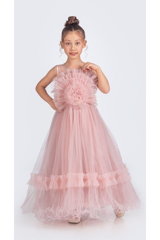 Mnk Baby & Kids Uzun Etekli , Askılı Kız Cocuk Gül Motif Abiye Elbise M00670 Pudra