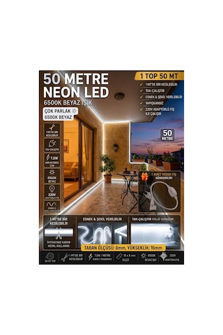 50 Metre Neon Led Şerit Led,beyaz Işık Esnek Led Çok Parlak,led, Kesilebilir,dekoratif Dış Aydınlatma Bahçe Aydınlatma,tavan Aydınlatma,gözalıcıaydınlatma Beyaz -6500k