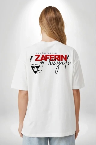 Defymoda 30 Ağustos Zafer Bayramı Atatürk Temalı Oversize Bisiklet Yaka T-shirt - Beyaz
