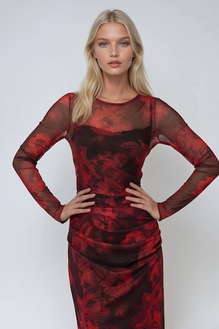 Hiccup Çiçek Desenli Bodycon Maxi Tül Elbise Kırmızı
