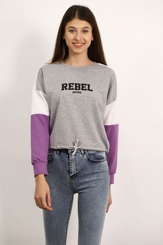Gabria Kadın Kapşonlu Desenli Sweat Grı