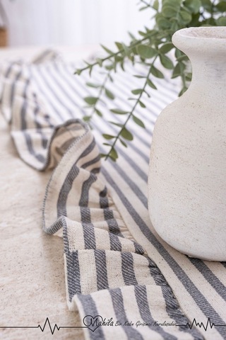 Gri Çizgili 40x125 Şık Tasarım Ekstra Büyük Fırfırlı Runner, %100 Keten Runner Bej