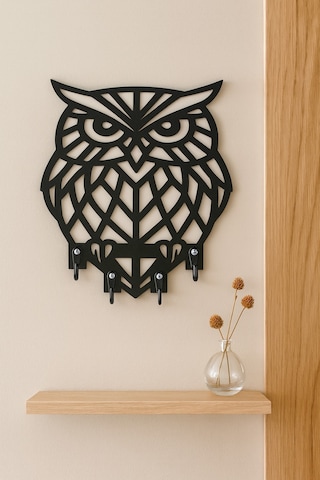 Baykuş Figürlü Duvar Anahtarlık Askısı Siyah - Beyaz