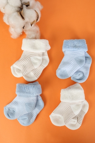 Baby Shez Pamuklu 4'lü Yenidoğan Bebek Kışlık Havlu Çorap Mavi