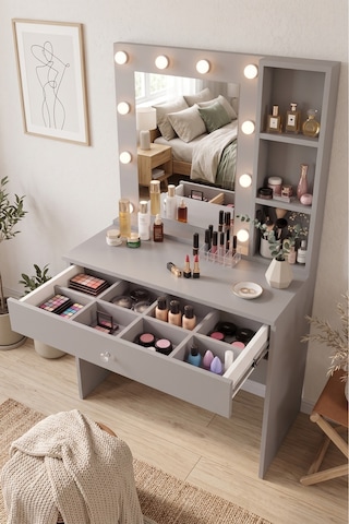 Yurudesign Monroe Makyaj Masası Çekmeceli Düzenleyici Hollywood Led Işıklı Raflı Kumsal Mo3-co
