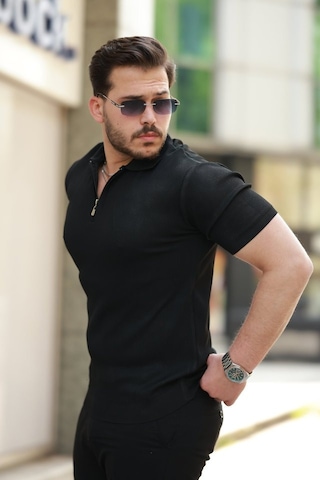 Efnaz Style Erkek Fermuarlı Yakalı Kısa Kollu Tshirt Siyah