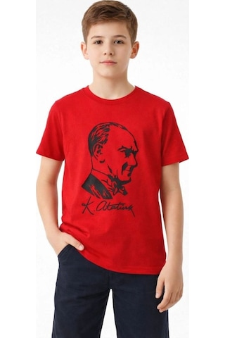 Vinevesta Erkek Çocuk Atatürk Baskılı Tişört Kısa Kollu Bisiklet Yaka T-shirt - Kırmızı Çok Renkli