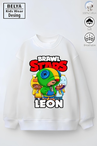 Belyakidswear Tam Kalıp Oversize Erkek Çocuk Pamuğa Pamuk 3 İplik Kumaş Star1 Tasarım Sweatshirt Beyaz