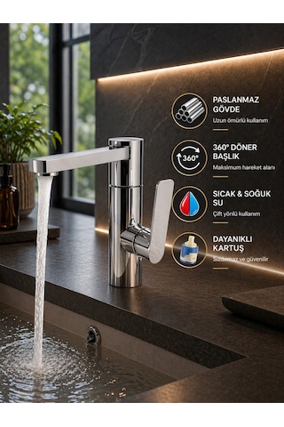 Viosa Lüx Premium Silva 360 Döner Borulu Banyo Lavabo Bataryası Çeşmesi Musluğu Siyah
