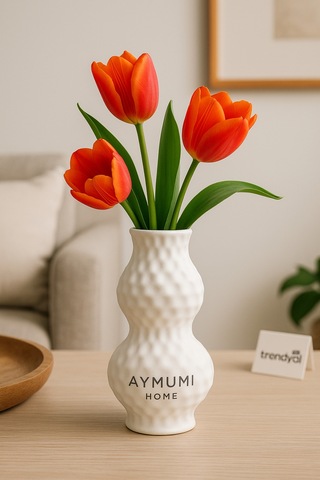 Dekoratif Beyaz Seramik Dokulu Çiçek Vazosu Modern Ev Aksesuarı