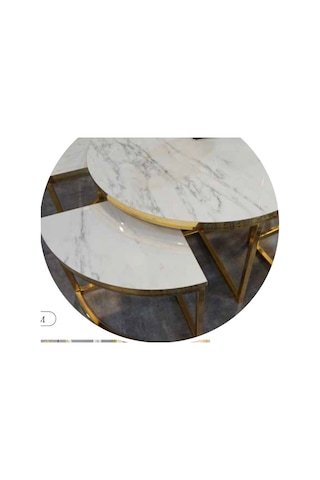 Mim Beyaz Mermer - Gold Yuvarlak 4+1 Pizza Orta Sehpa Beyaz Mermer - Gold