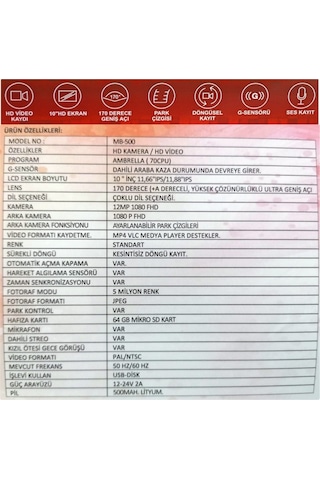 NYF Wevolt DVR Kayıt Cihazı 10 inç Dikiz Ayna Ekranlı Çift Kamera