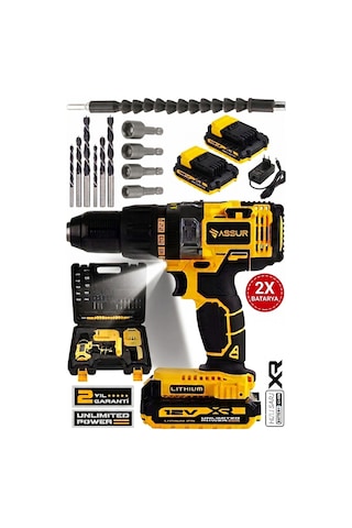 Assur ASR026 12V Çift Akülü Vidalama Darbeli Şarjlı Matkap Sarı