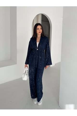 Kadın Simli Uzun Kol Modal Kumaş Kimono Pantolon İkili Takım Şık Ve Rahat Kadın Takım Lacivert