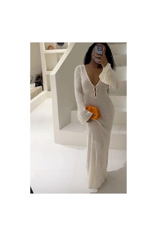 De Pose Positano İnci Bağlama Detay Ekru Maxi Boy Ajurlu/delikli Pamuk Yazlık Elbise