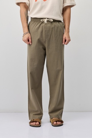 Vamos Bağcıklı Baggy Fit Keten Pantolon Haki