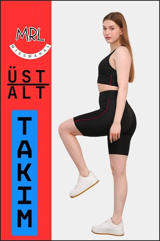 Kadın Siyah Takım Alt-üst Kısa Şort-tayt Ve Pedli Sporcu Büstiyer 2li Set Kırmızı Biyeli Elt3043 Siyah Kırmızı