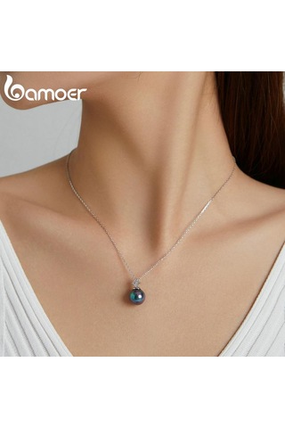 Bamoer 925 Ayar Gümüş Zarif Siyah İnci Charm Kolye Kabuk İnci Zirkon Zincir Kolye Kadınlar İçin Güzel Takı Gümüş