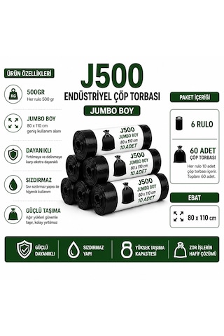 80x110 Cm 500 Gr Jumbo Boy Endüstriyel Boy Çöp Torbası - Sızdırmaz Yıldız Dip Kaynaklı 6 Rulo / 60 Adet
