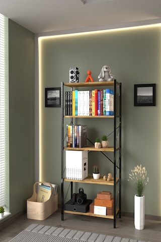 5 Raflı Dekoratif  Metal Kitaplık Atlantik Çam