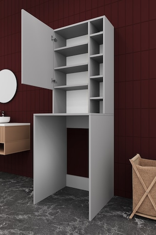 Asra Trend Çamaşır Makinesi Üstü Banyo Dolabı BD-02 %100 MDF Kapaklı Organizer Raf Kül Gri