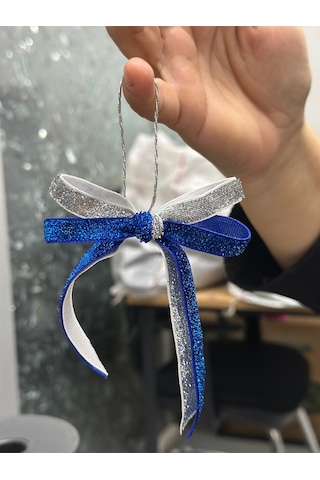 Premium Kadife El Emeği- Simli Yılbaşı Fiyonk 5 Li Set El Yapımı Ağaç Ve Hediye Süsleme Gümüş/mavi