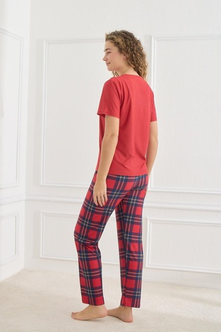 Kompedan Kadın Ekose Desenli Bisiklet Yaka Pijama Takım Kırmızı 30102-598 Kırmızı