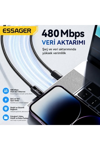 Essager 29w Pd Dijital Göstergeli Type-c To Lightning Hızlı Şarj Ve Data Kablosu 3a 480mbps Örgülü