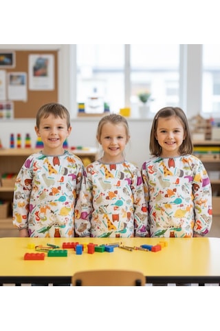 Yorni 3-6 Yaş, Zoo, Cırtlı, Sıvı Geçirmez, Makinede Yıkanabilir, Uzun Kollu Çocuk Faaliyet Aktivite Mama Önlüğü Beyaz