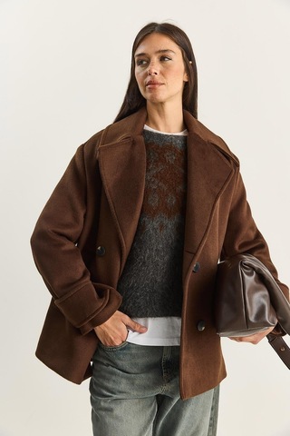 Shade Kadın Kruvaze Yaka Astarlı Kısa Oversize Kaşe Kaban 3508 60283850 - Acı Kahve Kahverengi