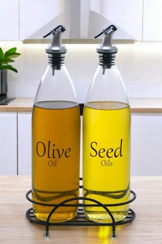 Digithome Aura 2'li Siyah Metal Standlı Yağdanlık Seti Şeffaf Etiketli Cam Yağlık 1000 Ml Cys-17 Siyah